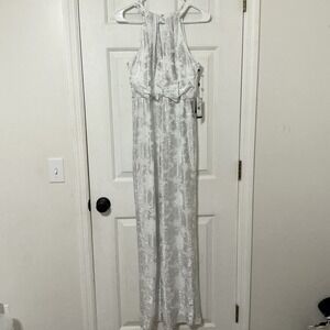 Adrianna Papell Women's 4 Silver Foil Mesh Pleated Halter Gown Party Wedding NWT